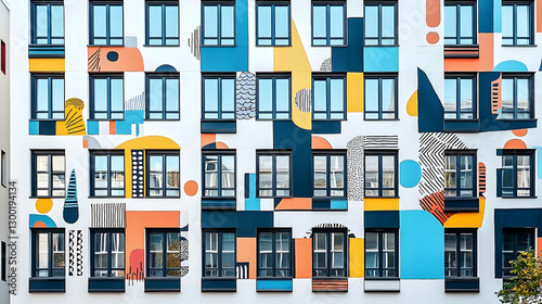 Colorful abstract mural on modern apartment building facade, city background, architectural design