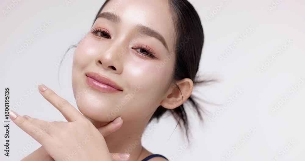 Slow motion of beautiful young Asian girl with k-beauty make up style on isolated white background for commercial beauty advertising.