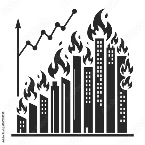 Silhouette of a burning city skyline with a rising graph, concept of economic crisis or instability.