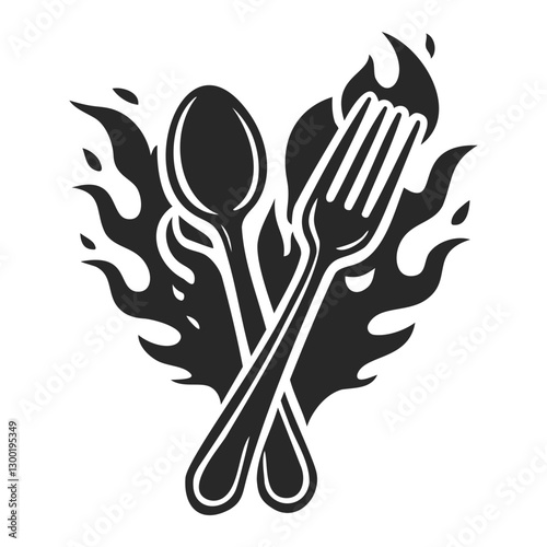 Silhouette of a burning spoon and fork, concept of cooking passion, or food challenges.