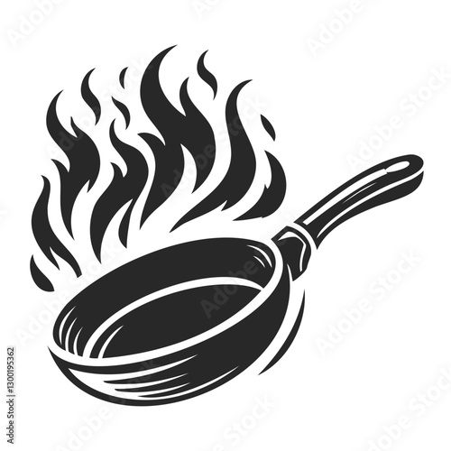 Silhouette of a burning frying pan, concept of intense cooking, heat, or kitchen urgency.