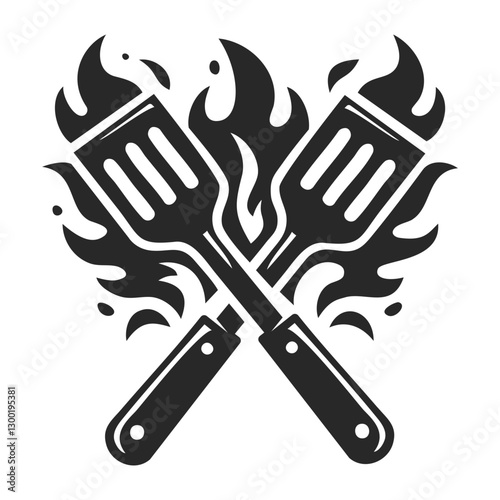 Silhouette of two burning crossed spatulas, concept of passion for cooking.