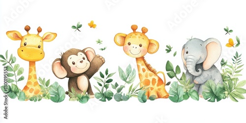 Cute cartoon animals in jungle foliage for baby prints, nursery wall art, product illustration