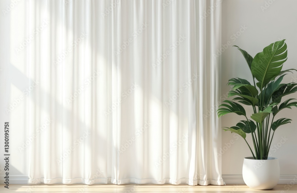 Sunlit room corner features tropical plant in pot, white wall and curtain. Minimalist apartment interior design, empty space for text, furniture mock-up, light and shadow play. Sunlit room corner features tropical plant in pot, white wall and curtain. Minimalist apartment interior design, empty space for text, furniture mock-up, light and shadow play.