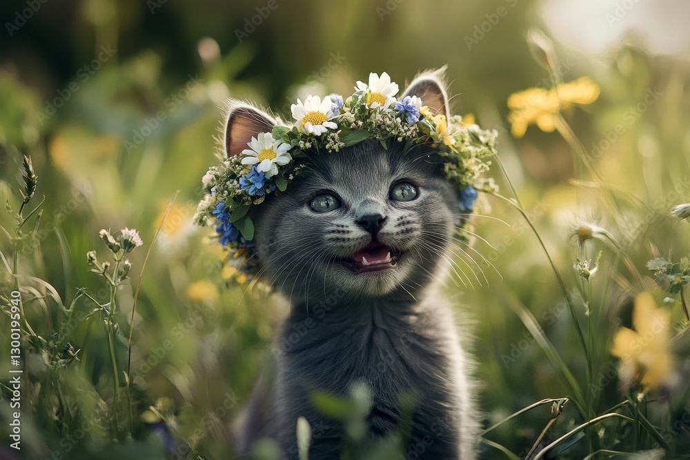 Fototapeta premium Morning rays. Cute baby cat russian blue wearing feral flower circlet on its head. Summertime happiness. Gentle summer breeze on a catâ€™s fur. Happy cat playing in the sun. Happy little kitte.