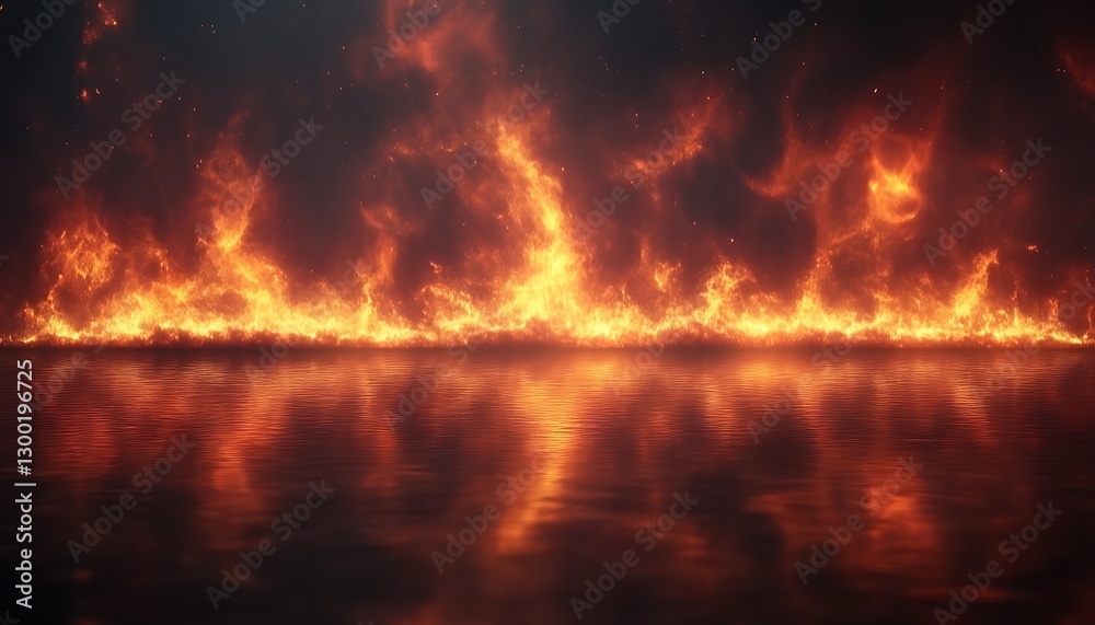 Fiery horizon reflects on dark water surface Fiery horizon reflects on dark water surface