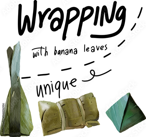 Hand drawn wrapping with banana leaves, watercolor style.