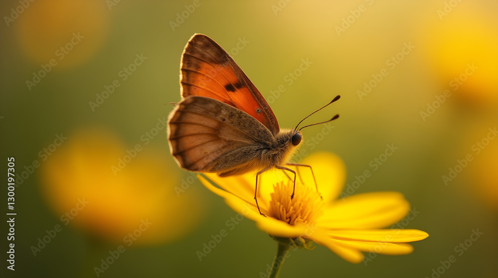 Beautiful Orange Butterfly on Yellow Flower - Macro Nature Image in Soft Light Beautiful Orange Butterfly on Yellow Flower - Macro Nature Image in Soft Light
