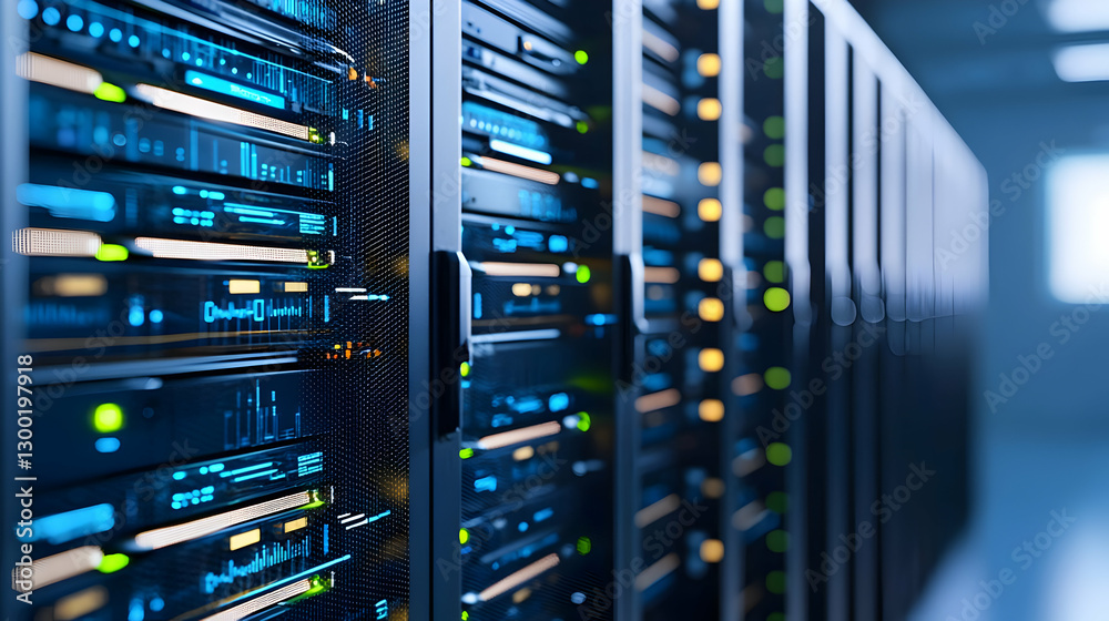 Blue Lit Server Racks In Data Center Providing Network And Digital Information Blue Lit Server Racks In Data Center Providing Network And Digital Information