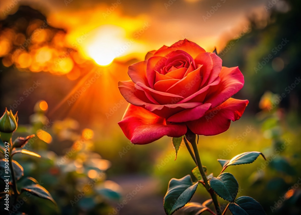 Obraz premium Silhouetted Rose Bloom Close-Up in a Rose Garden at Sunset