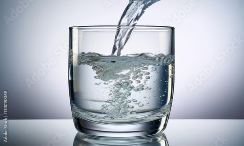 Crystal Clear Water Being Poured into a Transparent Glass with Bubbles Forming
