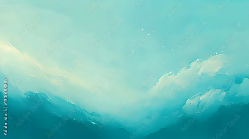 Naklejka premium Serene teal mountain landscape, dreamy cloudscape, sunrise/sunset, digital art, website background