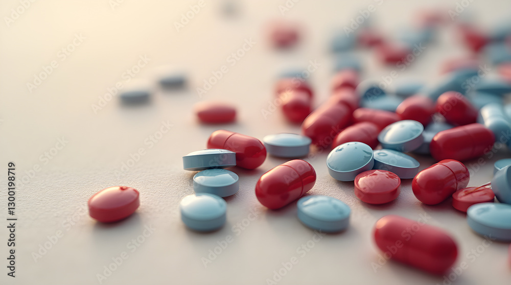 Macro Close-Up of Red and Blue Pills Scattered Medicine and Medication Macro Close-Up of Red and Blue Pills Scattered Medicine and Medication