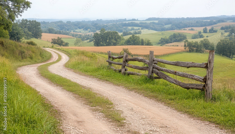 Winding Dirt Road and Rustic Fence in a Rolling Green Hill Landscape Winding Dirt Road and Rustic Fence in a Rolling Green Hill Landscape