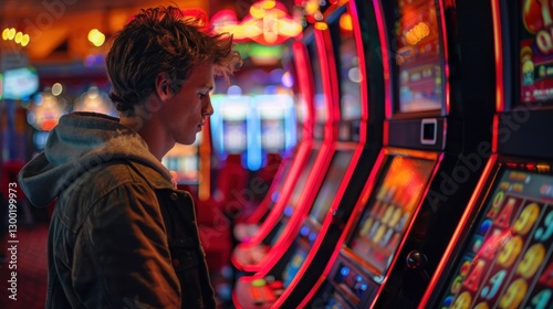 Young Man Engaged with Bright Slot Machines in Vibrant Casino Atmosphere at Night