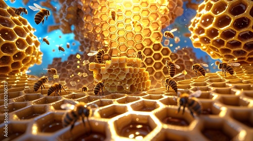 Golden honeycomb pattern design with textured hexagon elements