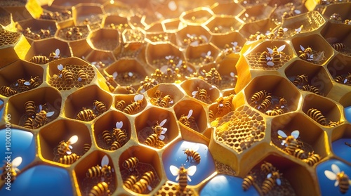 Golden honeycomb pattern design with textured hexagon elements