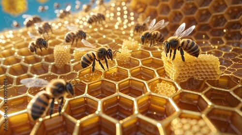 Golden honeycomb pattern design with textured hexagon elements