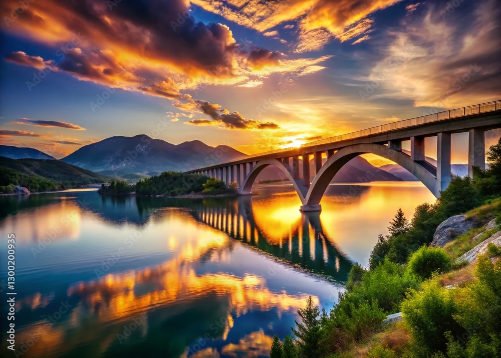 Fototapeta premium Silhouette of Arched Concrete Bridge over Calm Water, Croatian Hills