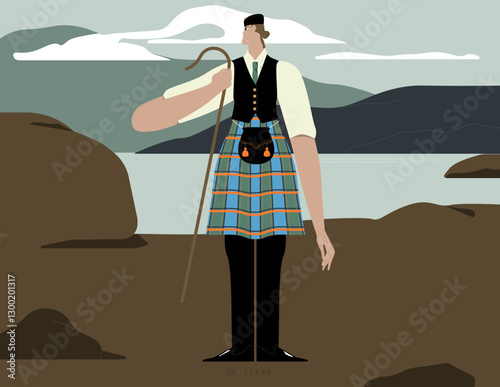 Scottish man on the background of mountains. 