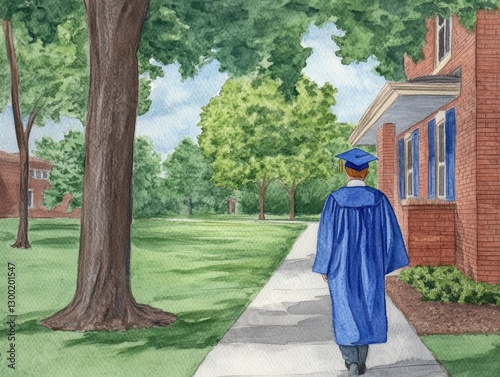 Graduation celebration university campus watercolor artwork serene environment rear view achievement reflection photo