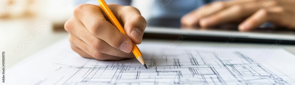 Someone uses a laptop and paper to draft architectural designs Someone uses a laptop and paper to draft architectural designs