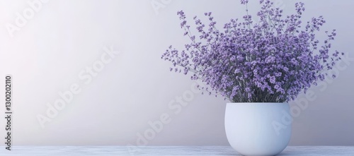 A white vase filled with purple flowers against a white backdrop