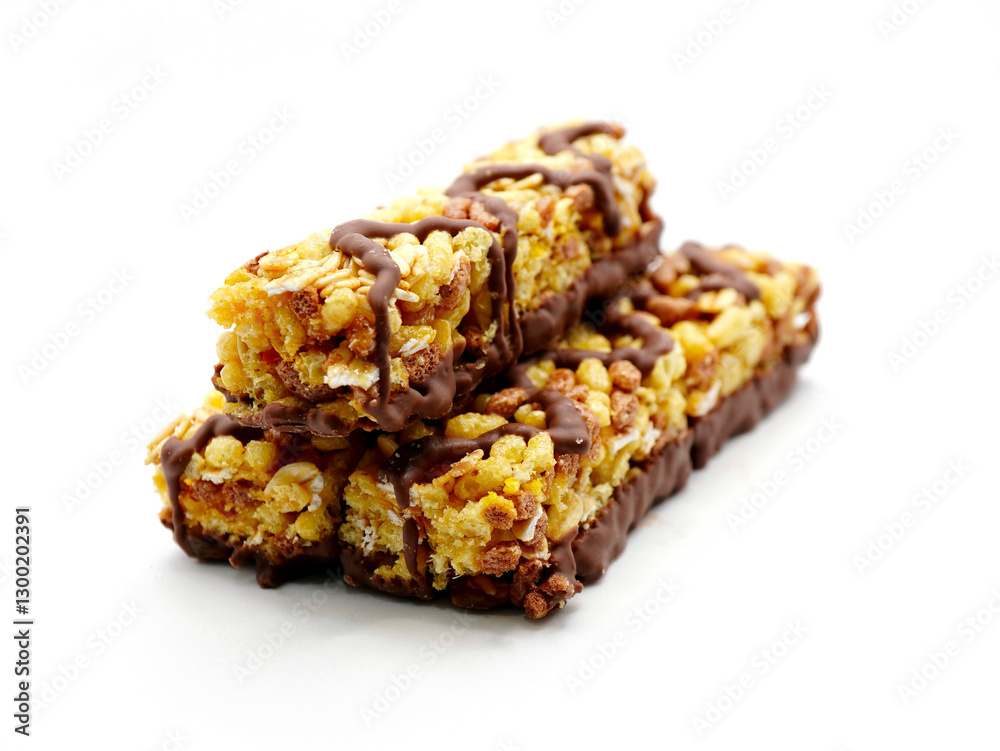 The cereal bars with chocolate against the white background The cereal bars with chocolate against the white background
