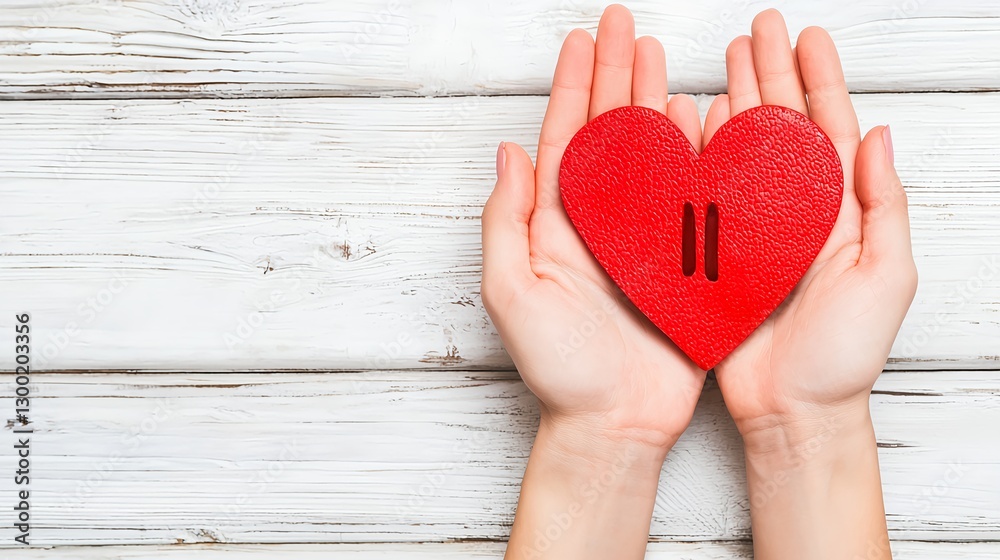 Hands Holding a Red Heart Symbol on Wooden Surface Background Hands Holding a Red Heart Symbol on Wooden Surface Background