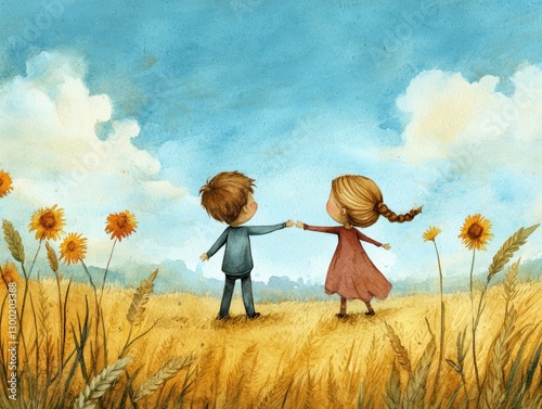 Best friends holding hands in a sunflower field watercolor art outdoor warm colors playful concept