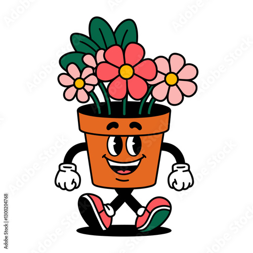 Cartoon flower pot with arms, legs, and flowers, flat style, white background, concept of fun gardening