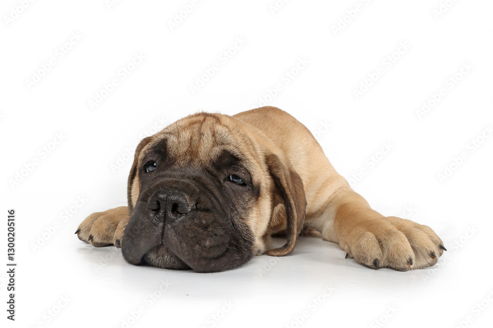 Close-up of an exhausted lying puppy isolated on a white background Close-up of an exhausted lying puppy isolated on a white background