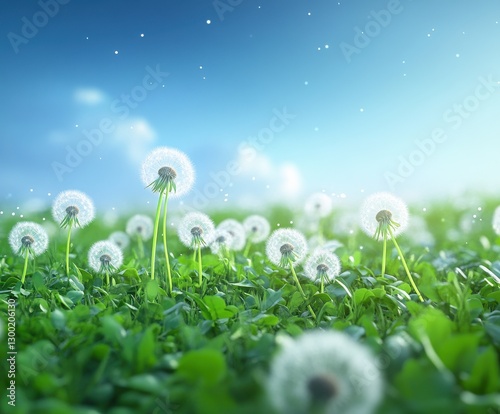 Enchanted Meadow: Oversized Dandelions Floating to Starry Sky at Twilight