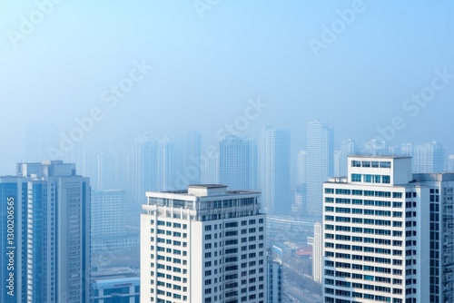 A city skyline covered in smog, with high levels of carbon dioxide pollution affecting visibility