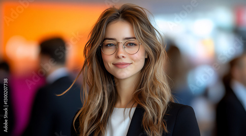 Wallpaper Mural a photo of a young businesswoman smiling and talking to two men at an even Torontodigital.ca