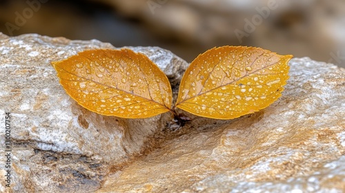 A tiny plant with yellow-brown leaves is tucked between rocks of different sizes