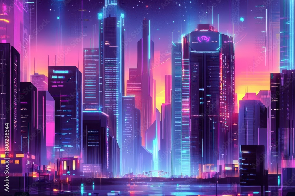 Obraz premium Futuristic City Scene Depicting Skyscrapers And Neon Lighting