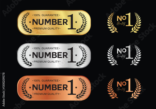 Number 1 Best Quality Luxury Gold Bronze Silver badge premium emblem isolated on black background stock illustration 01.eps