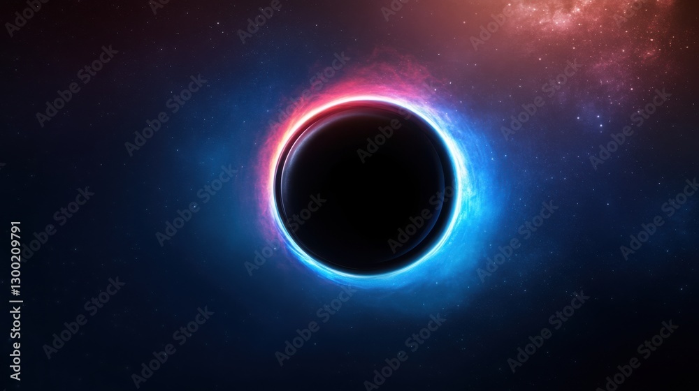 Fototapeta premium A black hole with a blue and red glow in space, surrounded by a planetary ring