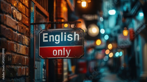 English Only Sign in a Dimly Lit Urban Alleyway with Warm Lights and Brick Walls