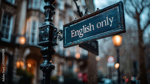 English Only Sign on Urban Street in Low Light, Emphasizing Language Barriers and Cultural Issues