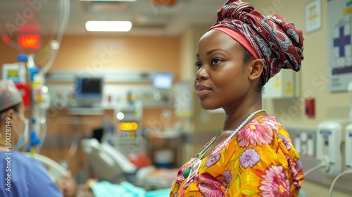 Young Woman in Colorful Traditional Attire Observing Healthcare Setting with Medical Equipment and Hospital Staff