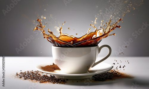 Dynamic Coffee Splash Exploding from a White Ceramic Cup on a Dark Surface