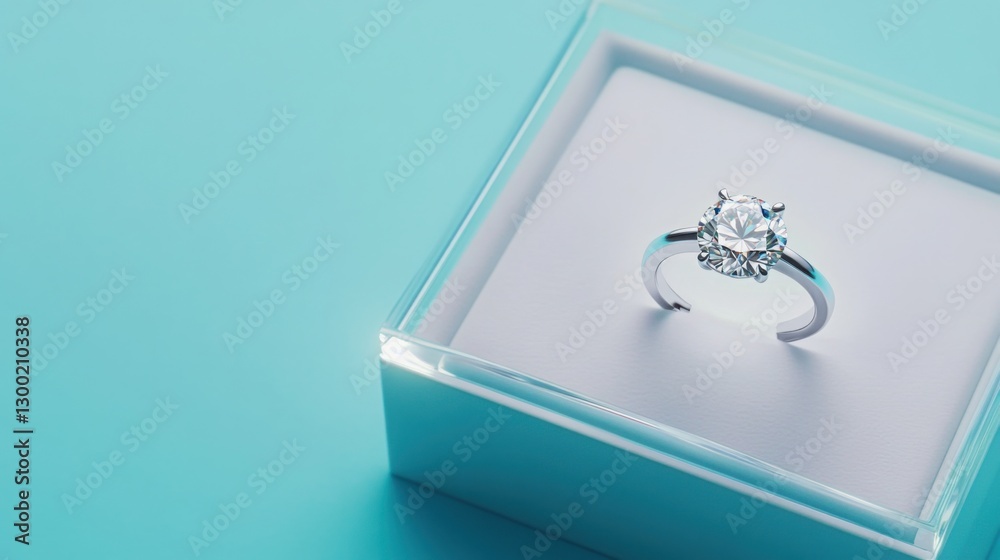 Obraz premium engagement ring in the bottom right corner, resting on top of a white paper inside a glass display case, all set against a soft blue background.