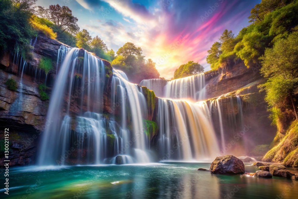 Obraz premium Silky Waterfall Flowing Double Exposure Abstract Art Stock Photo