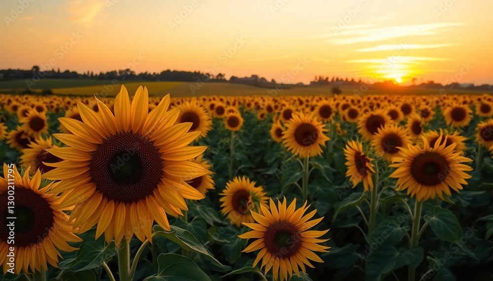 Fototapeta premium Golden Hour Sunflowers: A Sunset Symphony in a Field of Yellow