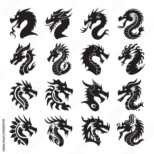 Dragon Head silhouette logo white background set Dragon head Tribal dragon silhouette logo design, dragon vector icon