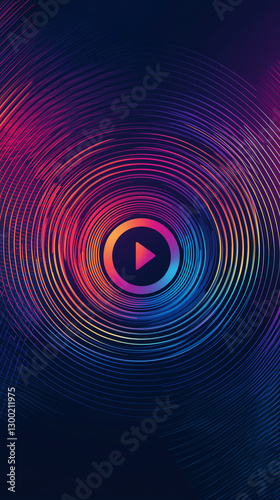 Vibrant abstract design featuring concentric circles and a play button, symbolizing music and sound waves in a colorful composition.