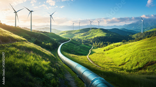 A futuristic hydrogen pipeline winds through a lush green valley