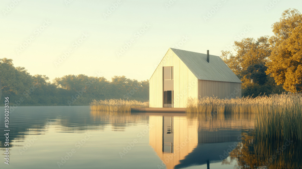 Fototapeta premium A picturesque wooden lakeside cottage with a sleek, minimalist design, positioned near the calm water's edge